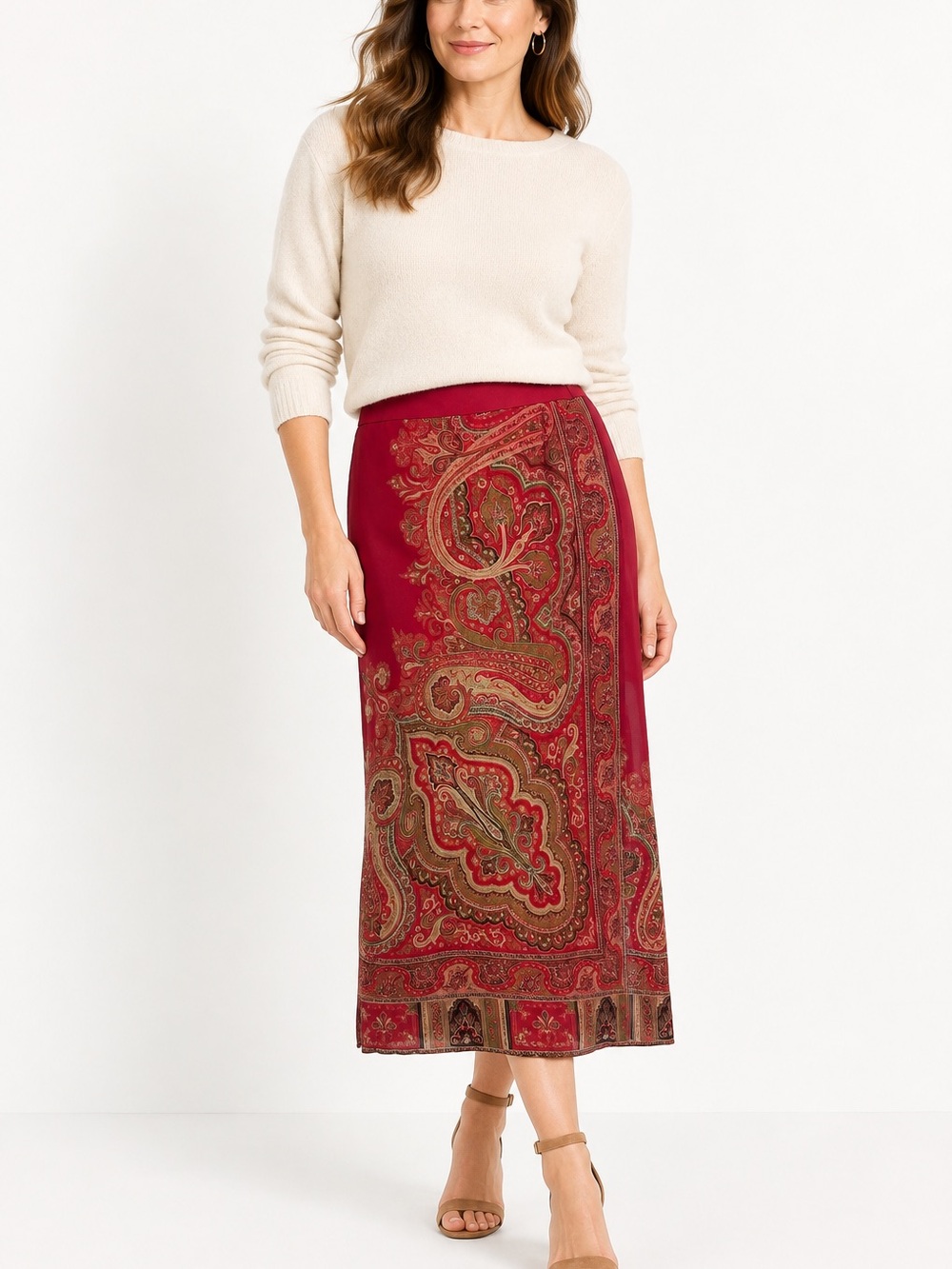 Vtg Talbots Wrap Skirt Womens 14 Midi Red Paisley 100% Wool Scarf Print Boho